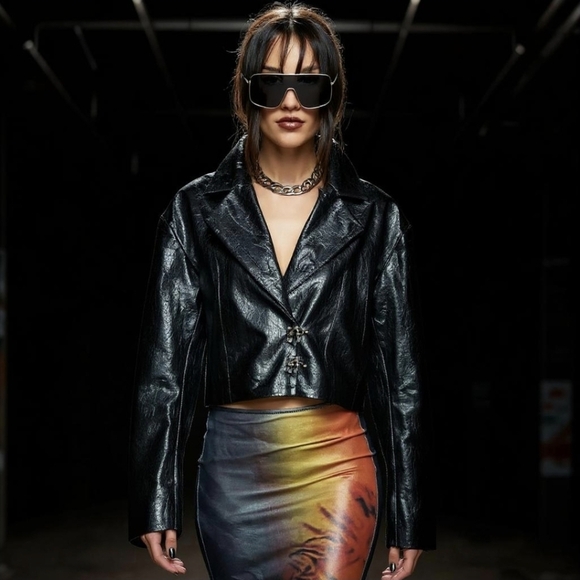 BADEE Faded ECO Vegan Leather Crop Jacket | Cropped Oversized | Y2K Babe Lining - Picture 1 of 14